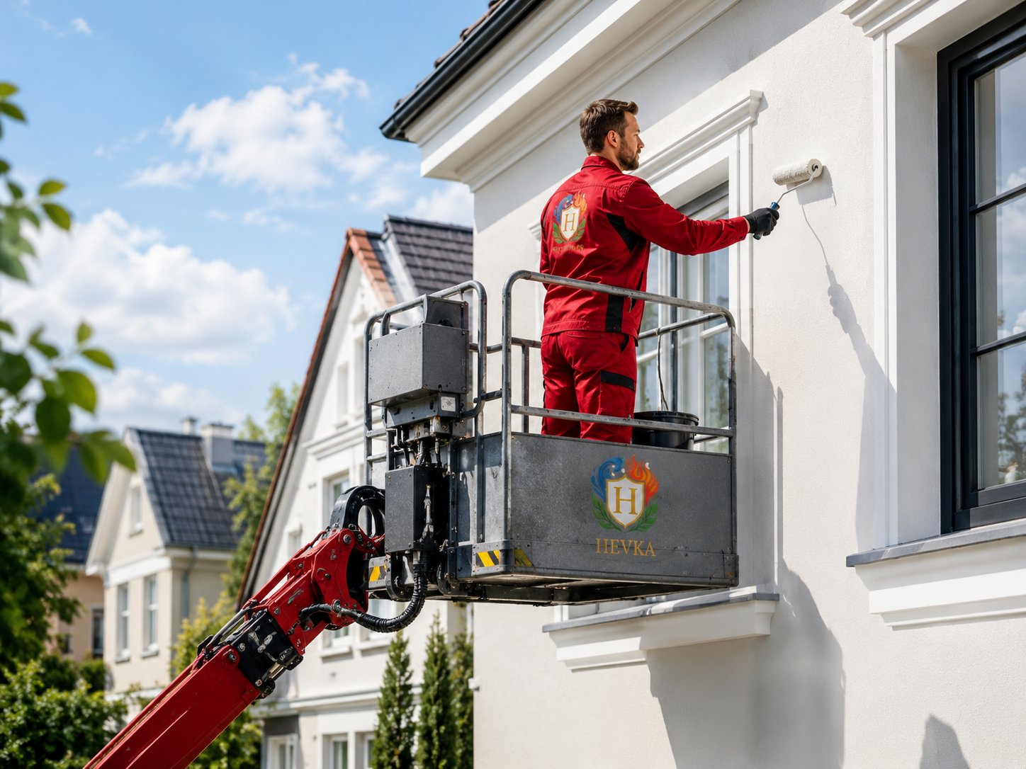 Fassadenanstrich in Niederösterreich mit Hebebühne und HEVKA-Facharbeiter ohne aufwendiges Gerüst